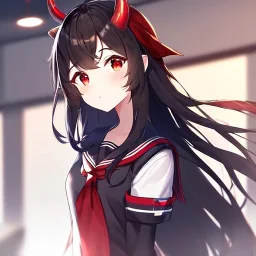 Clear focus,High resolution, Black long hair, Red eyes, Red horns, Wearing a sailor uniform