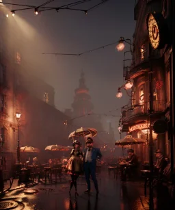 cabaret scene, steampunk. old man and little monkey, Sunglasses, rain, smoking, happy, hot. Many people background, highly detailed, concept art, unreal engine 5, god rays, ray tracing, RTX, lumen lighting, ultra detail, volumetric lighting, 3d, finely drawn, high definition, high resolution.