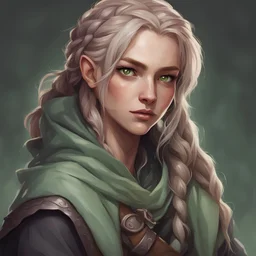 dungeons and dragons; portrait; solid background; human; female; thief; cloak; mischief; ash colored hair; pale green eyes; braided hair