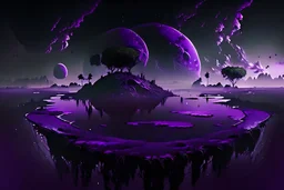 Floating Islands, Dark Purple and Black Night Sky, Stars, Space, Distant Alien Planets, Numerious Islands, Dead Grass, Dense Purple Fog, Standing on Island, First Person View