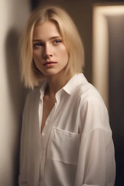 photo of gaunt 17 years old girl, blonde hair bob-style, wear long white male shirt, barefoot, stand in small flat hall, shy expression on face, high detailed photo, ultra realistic, diffuse warm lights, (three-quarter photo)