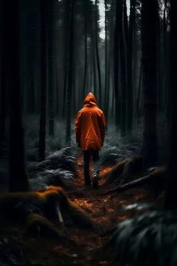 dark moody forest with person in orange jacket