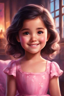 Digital painting of a cute little girl in a pink dress, front view, Agnes face, smile, dark hair, glowing eyes, cute face, adorable cute girl, cozy room in the background, Disney art, digital painting style, High Quality, 4k