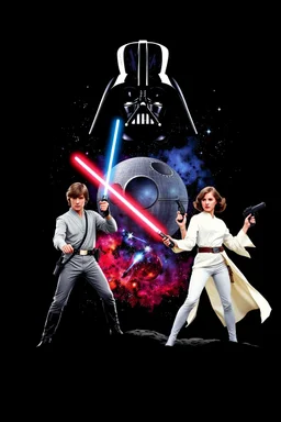 black background onto which the outline of darth vader standing filled with stars nebula and the Death Star is large within, in front in poses from the original star wars posters is Luke Skywalker with lightsaber and Princess Leia Organa with pistol both in white clothing atop crumbling stone