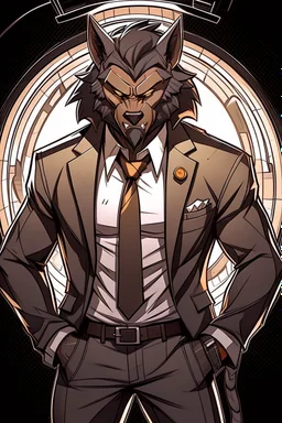 Buff, anthro, wolf, himbo, black fur, gold eyes, wearing a suit, full-body, muscles, strong, muscular, man boobs, bulky, tail, dark fur, smug grin, hands on hips, furry-himbo