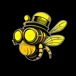 logo of a bee profile wearing steampunk hat and googles, flat cartoon style & dark background