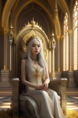 magical, mystical, majestic, beautiful pale mixed race queen with long wavy white hair, wearing a golden crown, sitting on golden throne, in the huge hall of the castle with carved columns, Macro photography, detailed, sharp focus, studio photo, intricate details, highly detailed, hyperrealism painting concept art of detailed character design, 4k resolution