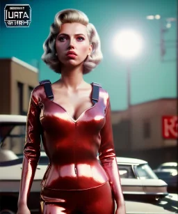 Ultra Realistic retro sci-fi movie Supermarket parking people scene, 1960 year, waist up view portrait, 2 clones blonde women, sweet scarlet Johansson face, perfect iris, glow eyes, face makeup, tight latex coat. many people looking, Retro sci-fi style, soft color, highly detailed, unreal engine 5, ray tracing, RTX, lumen lighting, ultra detail, volumetric lighting, 3d, finely drawn, high definition, high resolution.