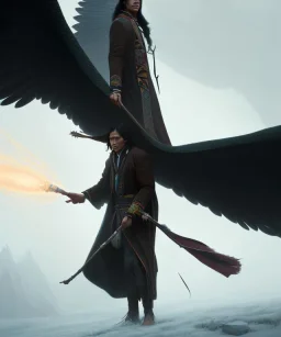 native american warrior, wizard doctor, long black hair, black hooded coat like wings, 8k resolution concept art portrait by Greg Rutkowski