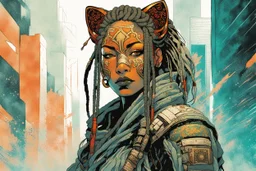 front facing portrait illustration of a grunge armored female , beaded dreadlock hair, cyberpunk vampire mercenary wearing an ancient ornate japanese kitsune mask , and shemagh, highly detailed with gritty post apocalyptic textures, caught in a cosmic maelstrom of swirling gases , finely detailed facial features and hair, in the graphic novel style of Bill Sienkiewicz, and Jean Giraud Moebius, ink wash and watercolor with realistic light and shadow