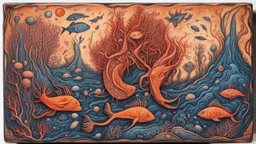 creatures, plants from subanautica from deep sea, drawn on the box, beautiful, river of magma