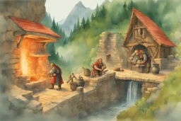 Medieval fantasy watercolor: Thalgrim's Forge built into mountainside. Stone-timber workshop with blackened walls, forge heat radiating. Dwarf blacksmith Thalgrim works glowing anvil while apprentice Eira watches. Outside: mining tools, gears, pulleys. Green terraces, forest, river reflects sky. Broad-shouldered dwarf, braided beard, focused eyes reflect red-hot metal. Sharp-eyed human apprentice assists. Orange smoke meets blue-green sky Spring foliage, echoing hammer sounds mix with river flow