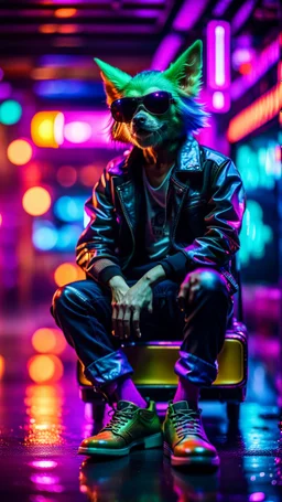 tap dancer, portrait of slick lord water wolf Gremlin myth buster pimp ninja cyber punk sitting on a hipster car parked in dark neon lit reflective wet arcade hall tunnel,bokeh like f/0.8, tilt-shift lens 8k, high detail, smooth render, down-light, unreal engine, prize winning