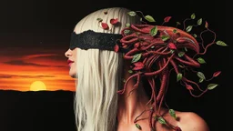 Abstract Art, Collage, Thomas Ligotti, Mannequin World, In Space They Can't Hear You Scream, Dave McKean, Inspired by Zdzislaw Beksinski's Nightmarish Paintings, Wassily Kandinsky, Double Exposure, Sunset, Gnostic Tragedy, Sinister, Woman, Long White Hair, Made of Glitter Texture, Blush, Blindfolded, Vine Design, Raspberry, Surreal, Futuristic, Black Open Background, Peach Skin, Leafy Textures, Shiny Plastic, Organic Aesthetics, Rose Red Tint, Green Leaves, Alien Design, Mutant Structure, Red Mo