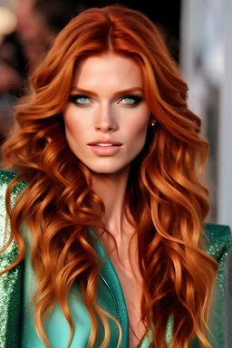 "one woman, robyn lively / elsa hosk / bella thorne / shanina shaik face morph, beautiful face, meticulously detailed multi-hued long red hair, detailed clear pale turquoise speckled green eyes, beauty"