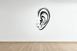 Human ear drawn on the wall, in an empty white room