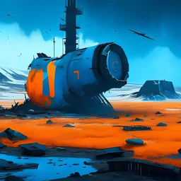landscape of Iceland , Industrial Ruins , Wasteland , Large crashed military spacecraft , antennas, small fires , blue orange hull , Global light