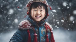 Magical Fantastic young happy Chinese child, Liquid Structure, Flying snowflakes, excitement, Splash, Portrait Photography, Fantasy Background, Intricate Patterns, Ultra Detailed, Luminous, Radiance, Ultra Realism, Complex Details, Intricate Details, 16k, HDR, High Quality, Trending On Artstation, Sharp Focus, Studio Photo, Intricate Details, Highly Detailed