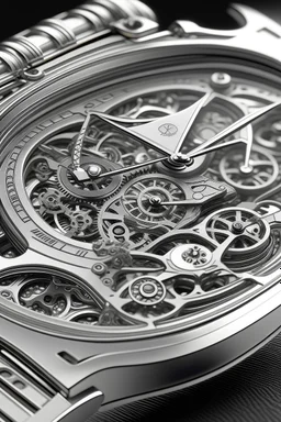 Produce a lifelike depiction of a silver AP watch, with a focus on the cog-like intricacies of its design, symbolizing the unwavering stability required for a mid-journey expedition."