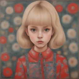 Young girl in red in the style of Margaret Keane