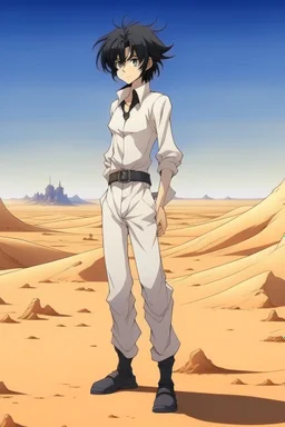 Meryl Stryfe Trigun young girl short black hair anime white clothes standing in the desert