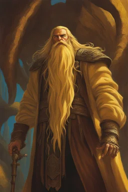 big man in dark brown travelers cloth. he has long, unruly yellow hair and unruly yellow beard. show all of the head. anatomically correct hands. perfect hands. fantasy setting. concept art, mid shot, intricately detailed, color depth, dramatic, 2/3 face angle, side light, colorful background. Style of Michael Whelan