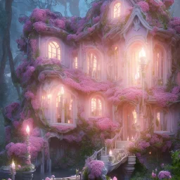 a magical flower pink roses house in the woods, pink vertical, blue lake,sharp, vines, candlelit, endor, ornate, elegant, highly detailed, artstation, concept art, smooth, sharp focus, illustration, 8k, splash art, wallpaper, key visual