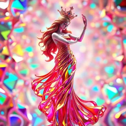 A goddess of love in a cleric dress dances in a vibrant, vibrating, color-rich 3D environment of metallic and crystal recursive geometric structures and an evolving ,Creative 3d fractal art, blurred bokeh effect,