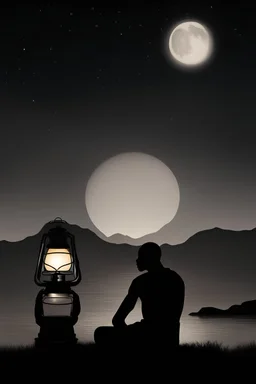 imagine a silhouette of an African man sitting while facing the horizon at the background. Beside him on his right is a lit lantern. He is facing the horizon where the moon has risen and stars are seen from far.