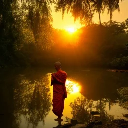 indian monk lotus jungle lake at sunset