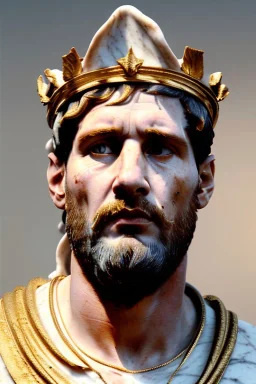 Realistic image, Roman sculpture made in white marble with gold veins, Lionel messi with gold laurel leaves crown, decorative star on the chest, waist up portrait,marble material, gold ornaments, Renaissance style, sun rays background, epic, celestial, cinematic lighting, God lights, 4k resolution, smooth details, soft lighting, unreal engine 5, art station, substance 3d.