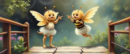 two totally symmetric dancing fluffy angel gremlin snail bumblebee nice cheerleader singing on bridge pointing down in garden , full body portrait T-pose strong aura, oil painting and air brush