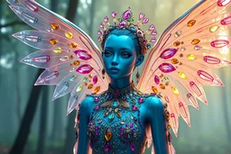 a photorealistic alien angel translucent transparent, surrealism, fog, octane render, cinematic, futuristic outfit, haute couture, exotic jewerly, blue pink, forest backgroundcreating an iridescent rainbow-like effect. The wings are adorned with numerous gemstones and beads of various sizes and colors, including pink, blue, yellow, green, and purple, along t