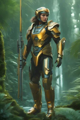 (The Year 2745 A.D.), (Beautiful Young Warrior In A Futuristic Jungle), High Quality, Super Closeup, Extreme Definition, Insanely Detailed, Beautiful Composition, Detailed Resolution, Ultra Closeup, Intricate Detail, Fine Detail, Vivid Colours, Innovative Futuristic Technology, High Tech, Intricate Designs, Futurism, 8k, Laser Sharp Focus