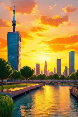 Amazing colorful sunset, buildings, lake, city, park, cyberpunk, sci-fi, photography