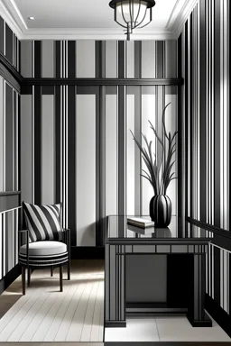 Create handpainted wall mural with vertical and horizontal lines in classic black, white, and shades of gray, exuding a timeless elegance inspired by Swiss Design principles."