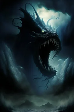 leviathan demon huge long abyssal dark seprent monster beast sky