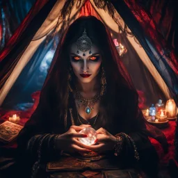 Hyper Realistic photographic-view of Wicked-&-Beautiful-Fortune-teller-with-glowing-red-eyes wearing black-beed-necklace-&-bracelet angrily Looking at her crystal-ball glowing magically & sitting in her tent at dark-night decorated with fancy-traditional-feathers-&-tarot-cards showing dramatic & cinematic ambiance"