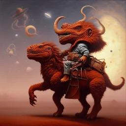 1yo little boy is on safari on the moon. riding a red dinosaur. he has big and a funny hat. High detailed. Cinematic. oil on canvas painting. Warm lights. beksinski