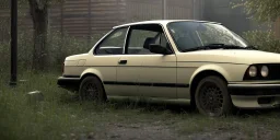 an abandoned 1990 bmw 2-door overgrown by nature ,ultra realistic,concept, 4k ,on street, parked in crowded city winter,8k resolution, high-quality, fine-detail