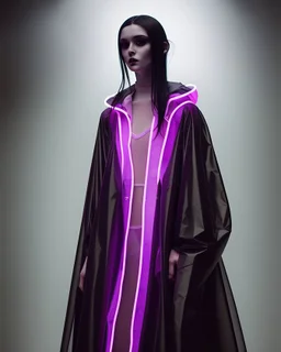 painting by koson ohara and marta bevacqua, portrait of a beautiful goth woman with long black hair, wearing a plastic raincoat, purple neon lighting, 8k, high quality, highly detailed