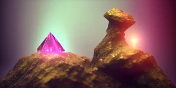 single pink crystal, on an altar in a foggy cave, cinematic,