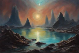 rocks, lagoon, space, very epic, concept art, new age influence, cosmic and philosophic influence, trscendent, anna boch impressionism painting