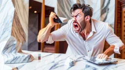 angry guy on phone at marble tabletop pointing at missing delivery