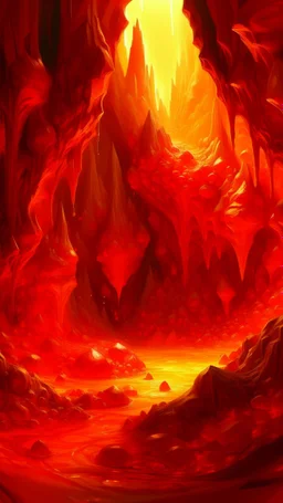 An orangish red cavern with fiery amber crystals in realism art style
