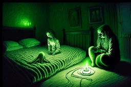 a knitted girl sitting on a bed and vomiting green lines, an exorcist priest standing next to her bed in a room in candlelight at night