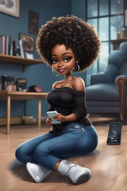 Create a furturism magna art of a black chibi curvy female sitting on the floor looking at her cell phone. She is wearing tight blue jeans and a black off the shoulder blouse. Prominent make up with lush lashes. Highly detailed tight curly afro. She is also wearing silver large hoop earringsart of a black chibi curvy female sitting on the floor looking at her cell phone. She is wearing tight blue jeans and a black off the shoulder blouse. Prominent make up with lush lashes.