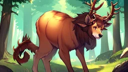 Girl furry , forest, deer horns,deer hoof foot, brown hair,hoof hand, fur,stands on all fours