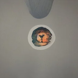 A sticker design in a minimalistic style featuring a caricature lion in vivid colors. The subject is presented alone on a neutral background.