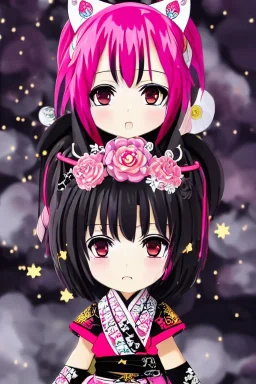 A Cute anime Kunoichi girl, kitsune mask, pink hair buns, pink bangs, traditional black designer kimono, full body art, intricate details, eyes perfectly aligned, full body portrait, red ribbons, slight smile, black constellation motif, windy, concept art, mini tornado stickers, black fishnet wear, highly detailed, digital painting, artstation, concept art, sharp focus, illustration, art by WLOP and greg rutkowski and alphonse mucha and artgerm and yanjun Chen and Junji ito